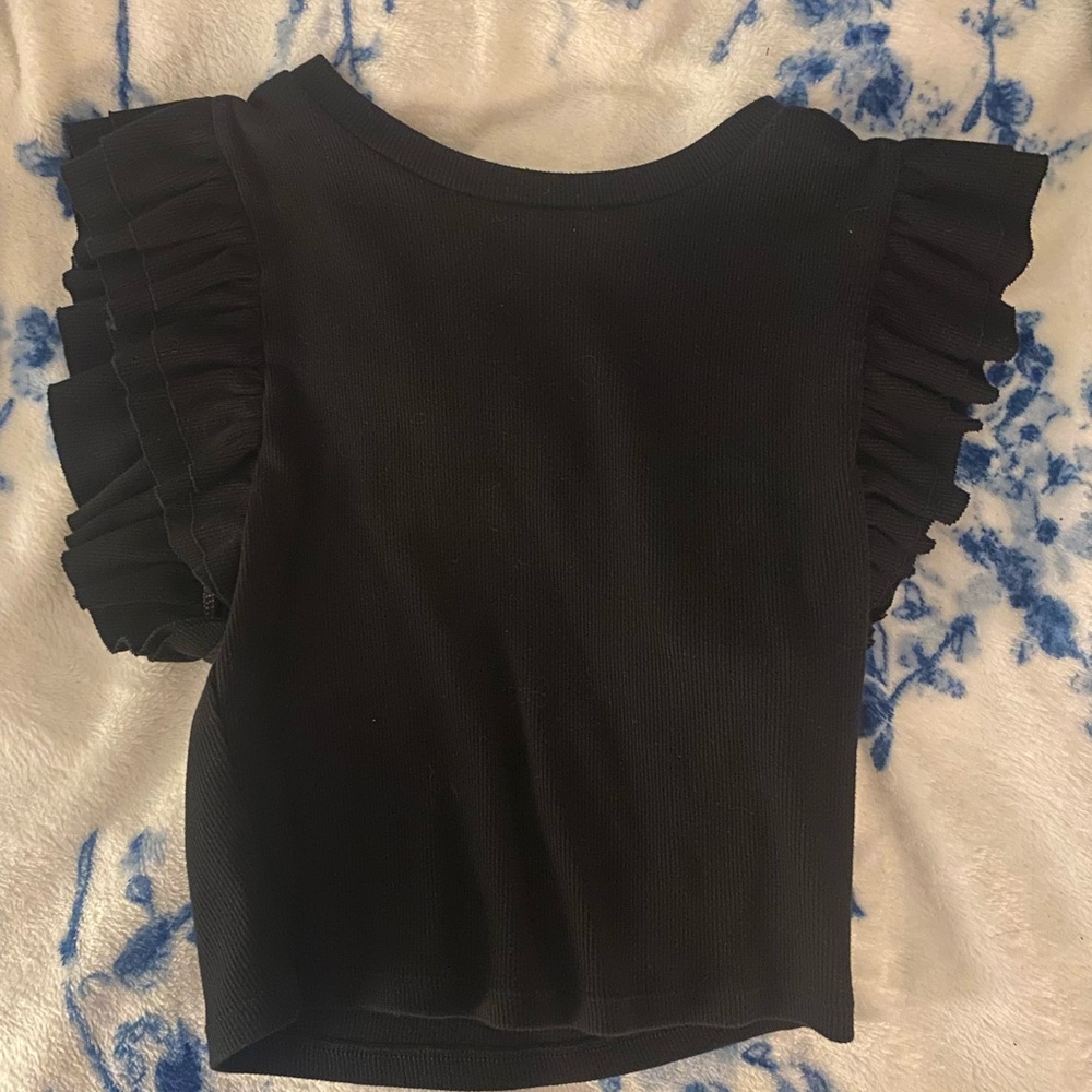 Zara Black Ruffled Cap Sleeve Crop Blouse